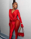 Lady in red jumpsuit